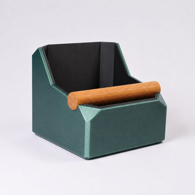 Square Coffee Knock Box with Real Oak Knock Bar in metallic green