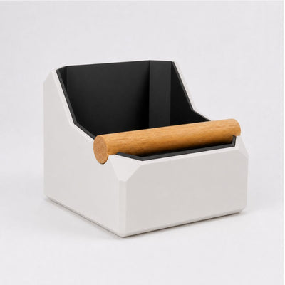 Square Coffee Knock Box with Real Oak Knock Bar in matte off white