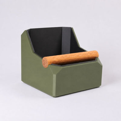 Square Coffee Knock Box with Real Oak Knock Bar in matte olive green
