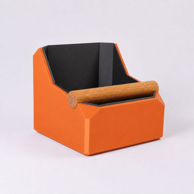 Square Coffee Knock Box with Real Oak Knock Bar in matte orange