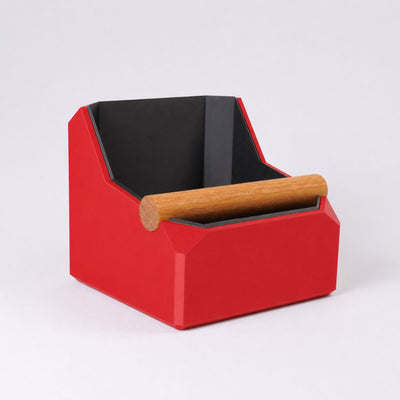 Square Coffee Knock Box with Real Oak Knock Bar in matte red
