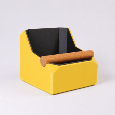 Square Coffee Knock Box with Real Oak Knock Bar in matte yellow
