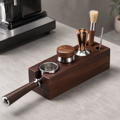 Wooden espresso tool station with portafilter tamper brush and barista accessories
