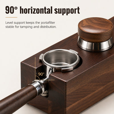 Wooden espresso station with 90 degree horizontal support for stable portafilter tamping