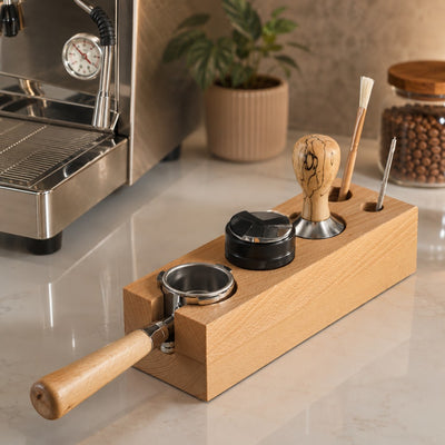 Beech wood espresso tool station with portafilter tamper distributor brush and WDT tool
