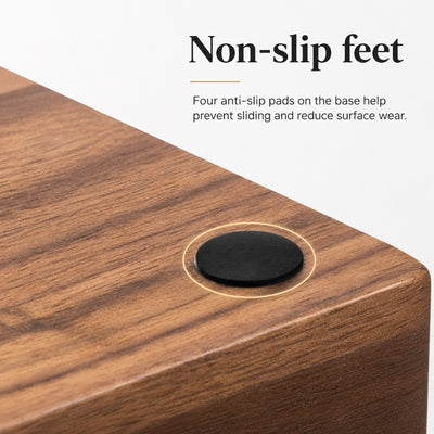 Non slip feet on wooden espresso tool organiser to prevent sliding