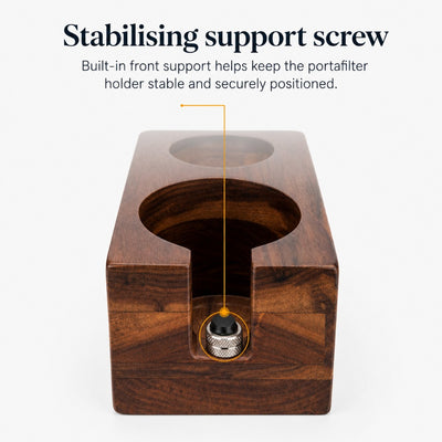 Wooden portafilter holder with stabilising front support screw