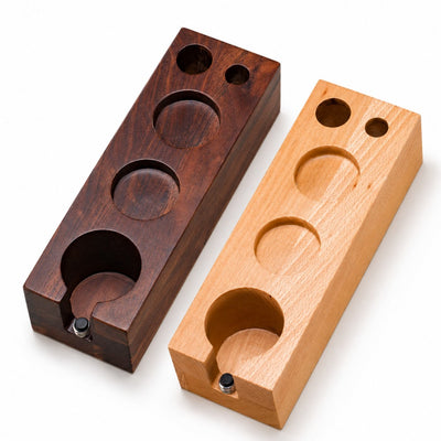 Empty wooden espresso accessory organiser in walnut and beech wood finishes