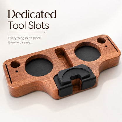Wooden tool organizer with black components on a white background