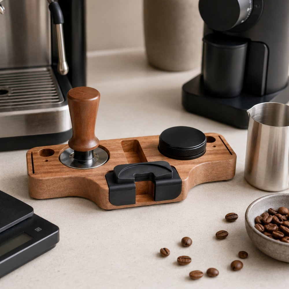 Wooden coffee tamp with espresso machine, cups, and coffee beans on a light surface