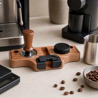 Wooden coffee tamp with espresso machine, cups, and coffee beans on a light surface