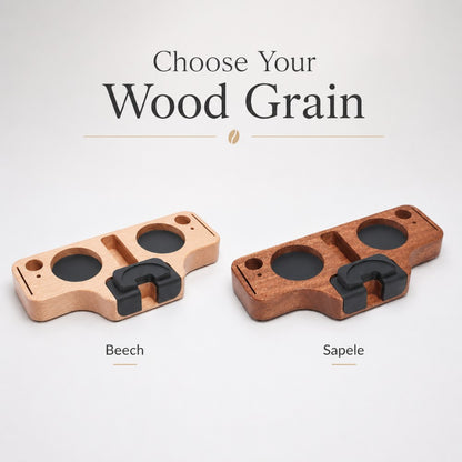 Two wooden phone holders with 'Beech' and 'Sapele' finishes on a light gray background.