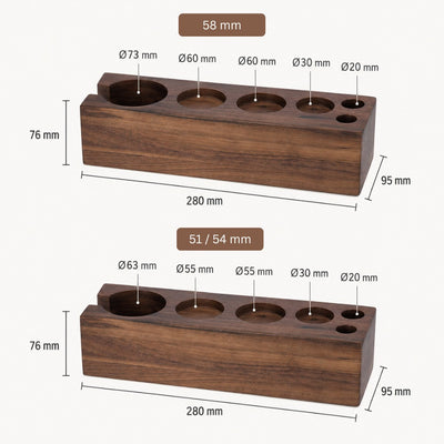 Dimensions guide for wooden espresso tool station with portafilter and tamper slots