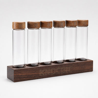 Walnut coffee bean cellar with six glass single dose storage tubes