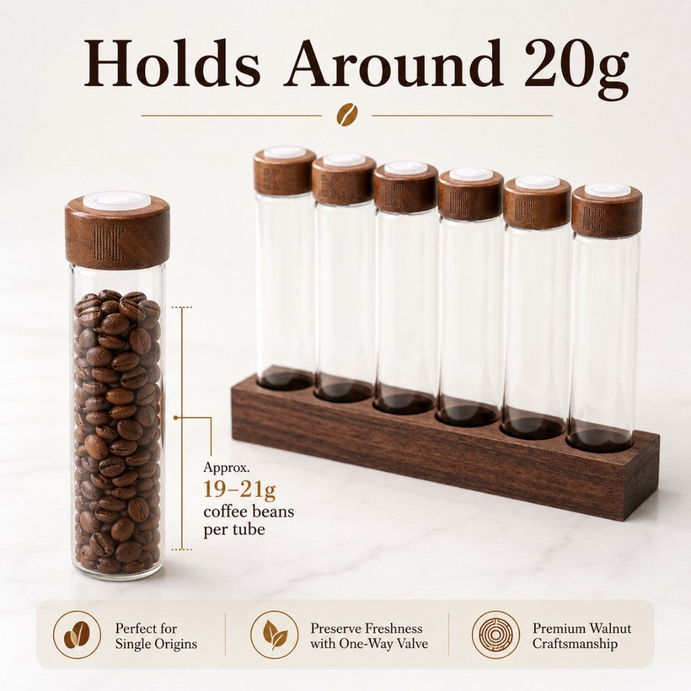 Walnut coffee bean display stand with glass tubes and filling funnel