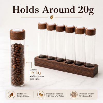 Walnut coffee bean display stand with glass tubes and filling funnel