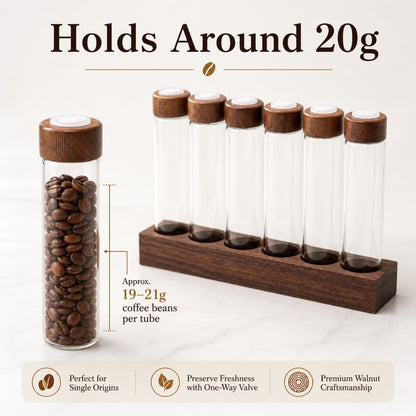 Walnut coffee bean display stand with glass tubes and filling funnel