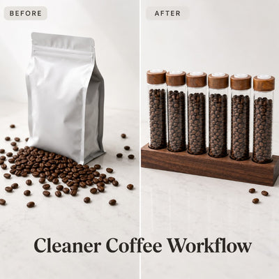 Single dose coffee storage tubes beside espresso machine and grinder