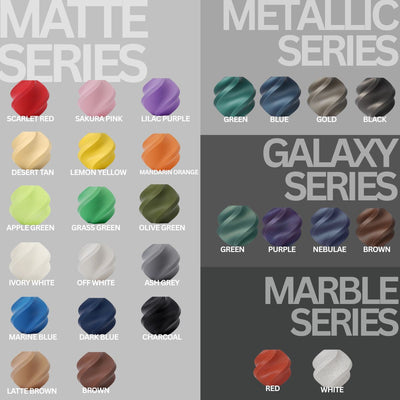 Color options chart displaying 27 custom matte, metallic, galaxy, and marble colors for the KNOCDIC knock box and espresso machine accessories collection.
