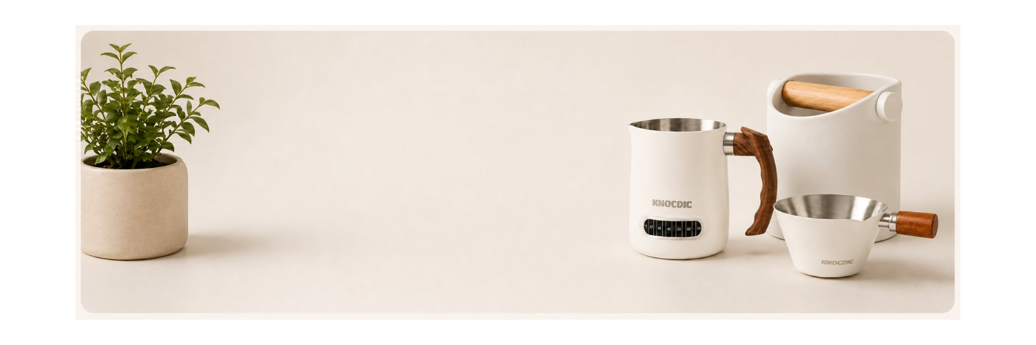Cream and neutral KNOCDIC coffee accessories with knock box, milk pitcher and dosing cup