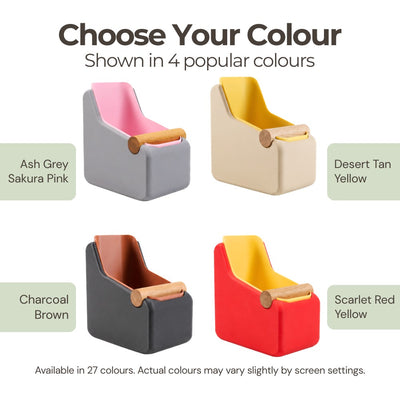 Color swatches for a product with options including Ash Grey, Sakura Pink, Desert Tan, Charcoal Brown, and Scarlet Red.