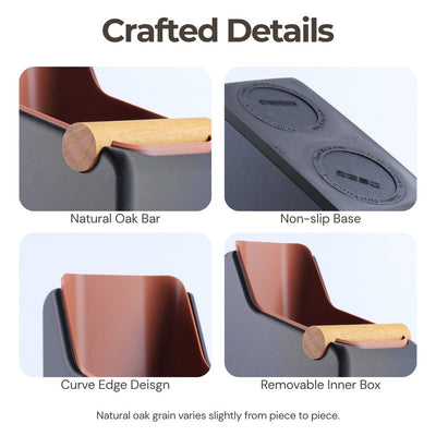 Close-up product breakdown graphic displaying the non-slip base, matte finish texture, and solid oak bar.