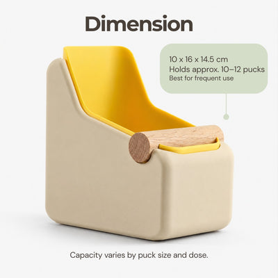 Measurement diagram showcasing the precise width, depth, and height of the curved rectangular coffee knock box.