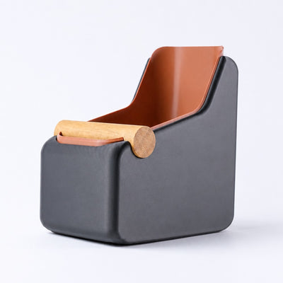 KNOCDIC Curve rectangular espresso knock box in matte charcoal grey with a smooth curved front and real oak wood bar.
