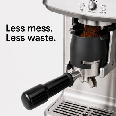 Sage Breville 54mm dosing funnel reducing coffee grounds mess while grinding into portafilter