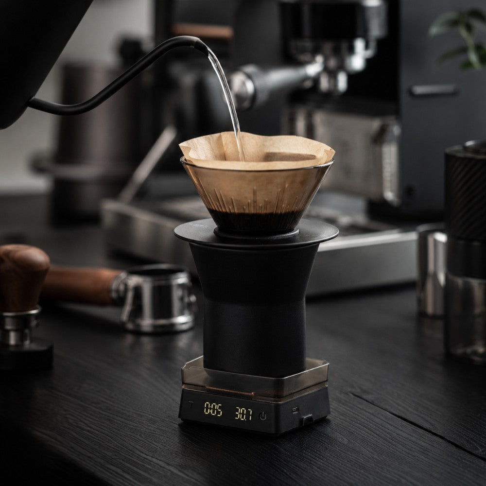 Mini coffee scale used for pour-over brewing setup