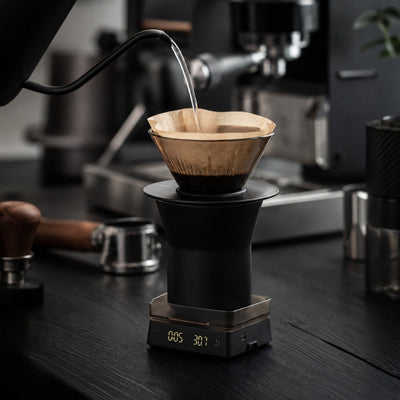 Mini coffee scale used for pour-over brewing setup