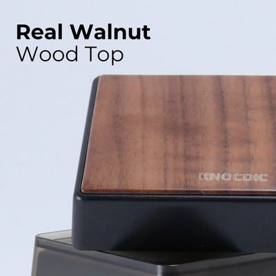 Real walnut wood top detail on compact coffee scale