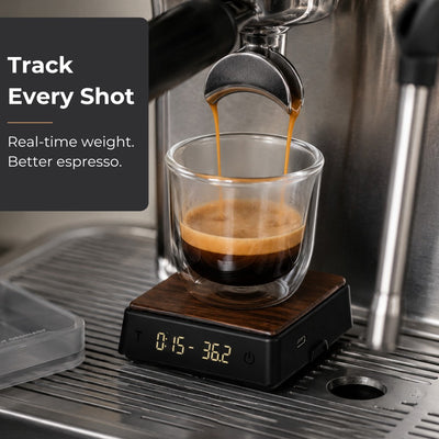 Coffee scale with timer used for espresso shot tracking