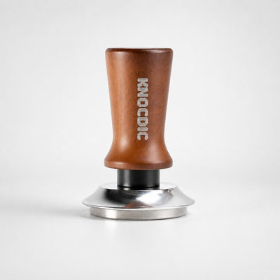 Spring loaded espresso tamper with wooden handle and stainless steel base