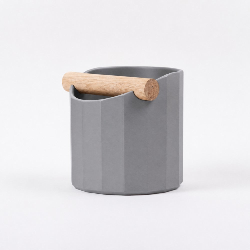 Facet Geometric Espresso Knock Box with real wood bar in matte ash grey