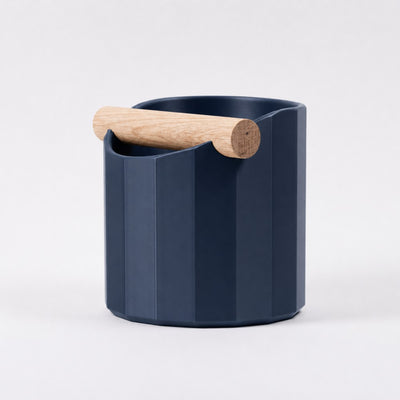 Facet Geometric Espresso Knock Box with real wood bar in matte dark blue