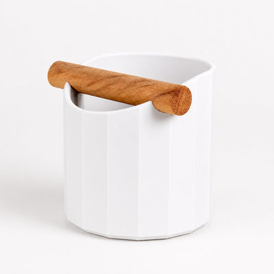 Facet Geometric Espresso Knock Box with real wood bar in matte ivory white