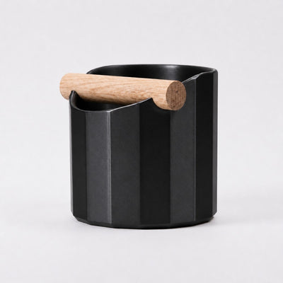 Facet Geometric Espresso Knock Box with real wood bar in metallic black