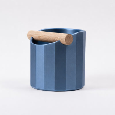 Facet Geometric Espresso Knock Box with real wood bar in metallic blue