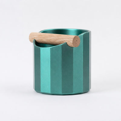 Facet Geometric Espresso Knock Box with real wood bar in metallic green