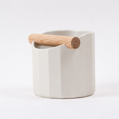 Facet Geometric Espresso Knock Box with real wood bar in matte off white
