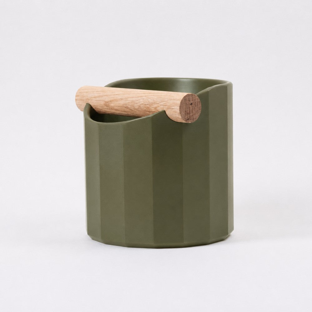 Facet Geometric Espresso Knock Box with real wood bar in matte olive green