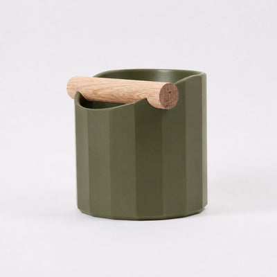 Facet Geometric Espresso Knock Box with real wood bar in matte olive green