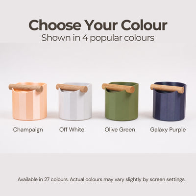 Color selection chart showing the structural Facet knock box in Champaign, Off White, Olive Green, and Galaxy Purple.