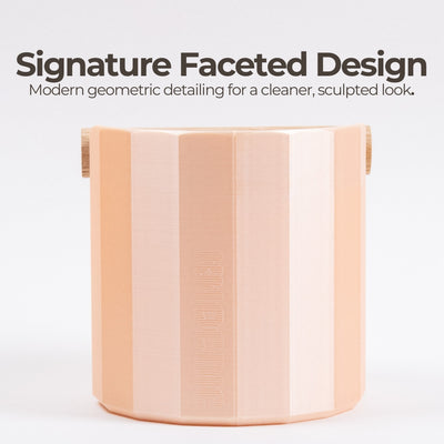 Faceted design product with text on a light gray background