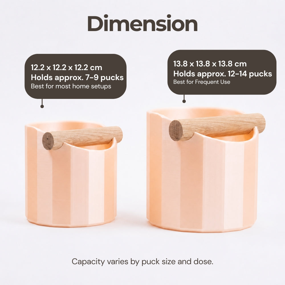 Size option chart detailing the medium and large capacities for the geometric coffee knock box with shot numbers.