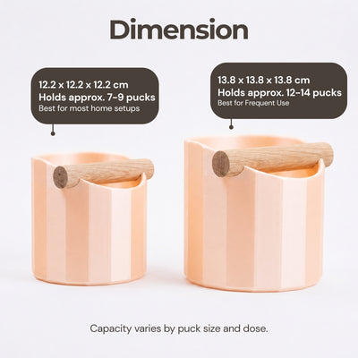 Size option chart detailing the medium and large capacities for the geometric coffee knock box with shot numbers.