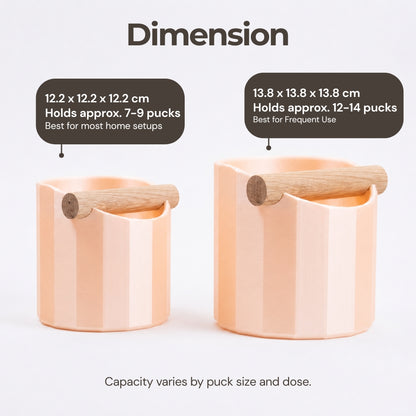 Size option chart detailing the medium and large capacities for the geometric coffee knock box with shot numbers.