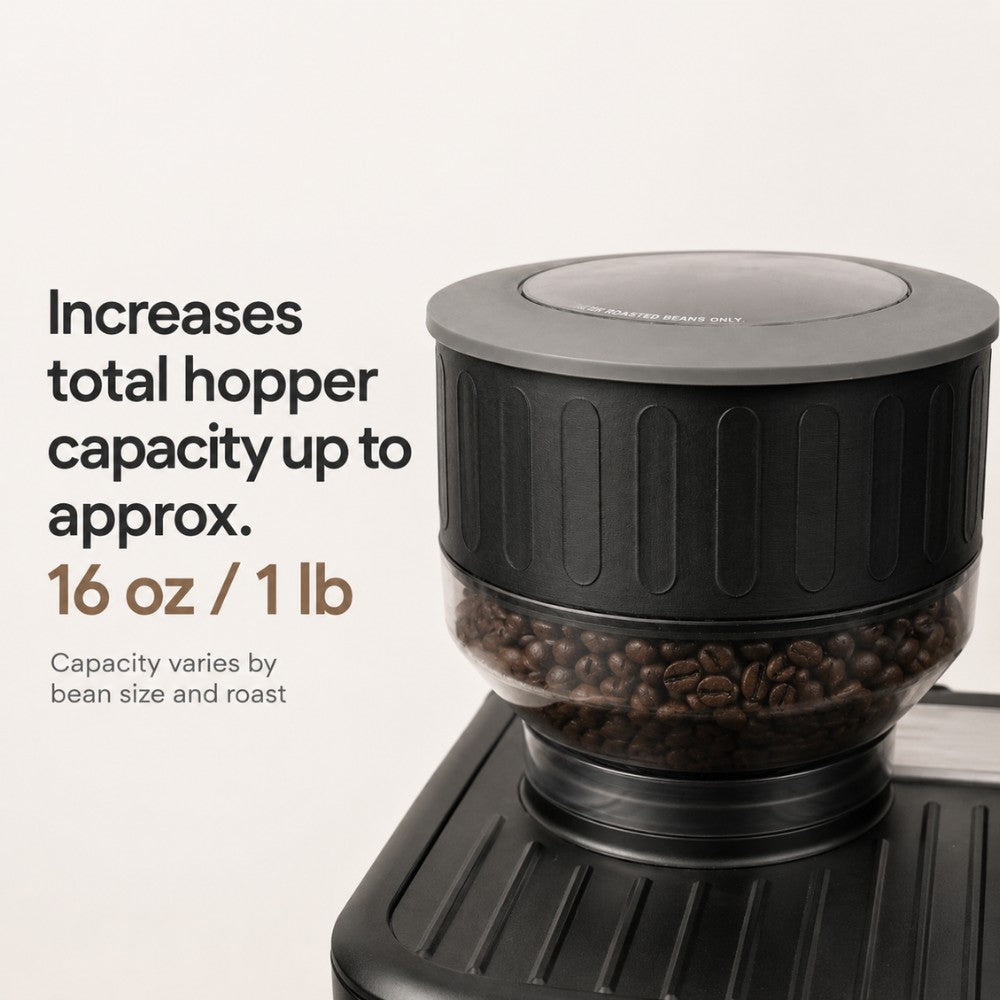 Coffee grinder with coffee beans and text about increased hopper capacity.