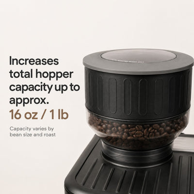 Coffee grinder with coffee beans and text about increased hopper capacity.